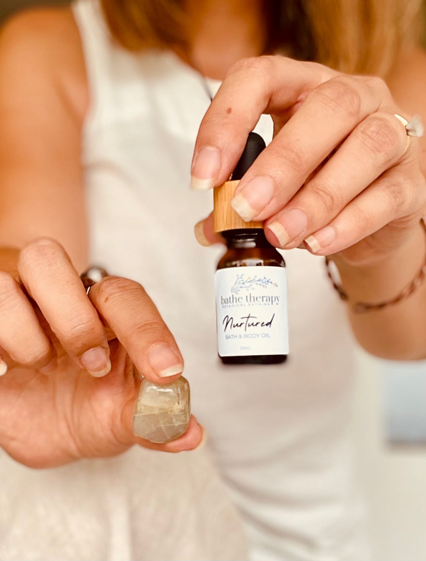 Natural aromatherapy bath & body oil with Peach Moonstone crystal
