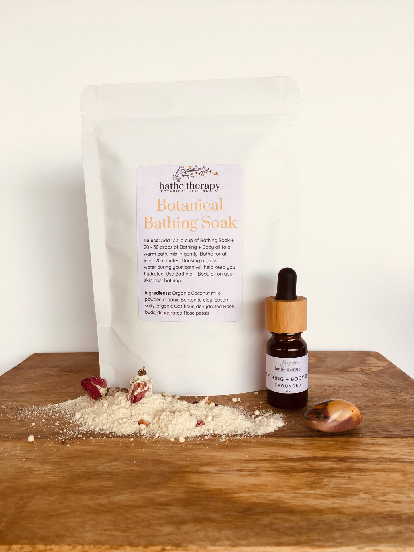 Vegan Organic bath soak with rose petals and aromatherapy bath oil
