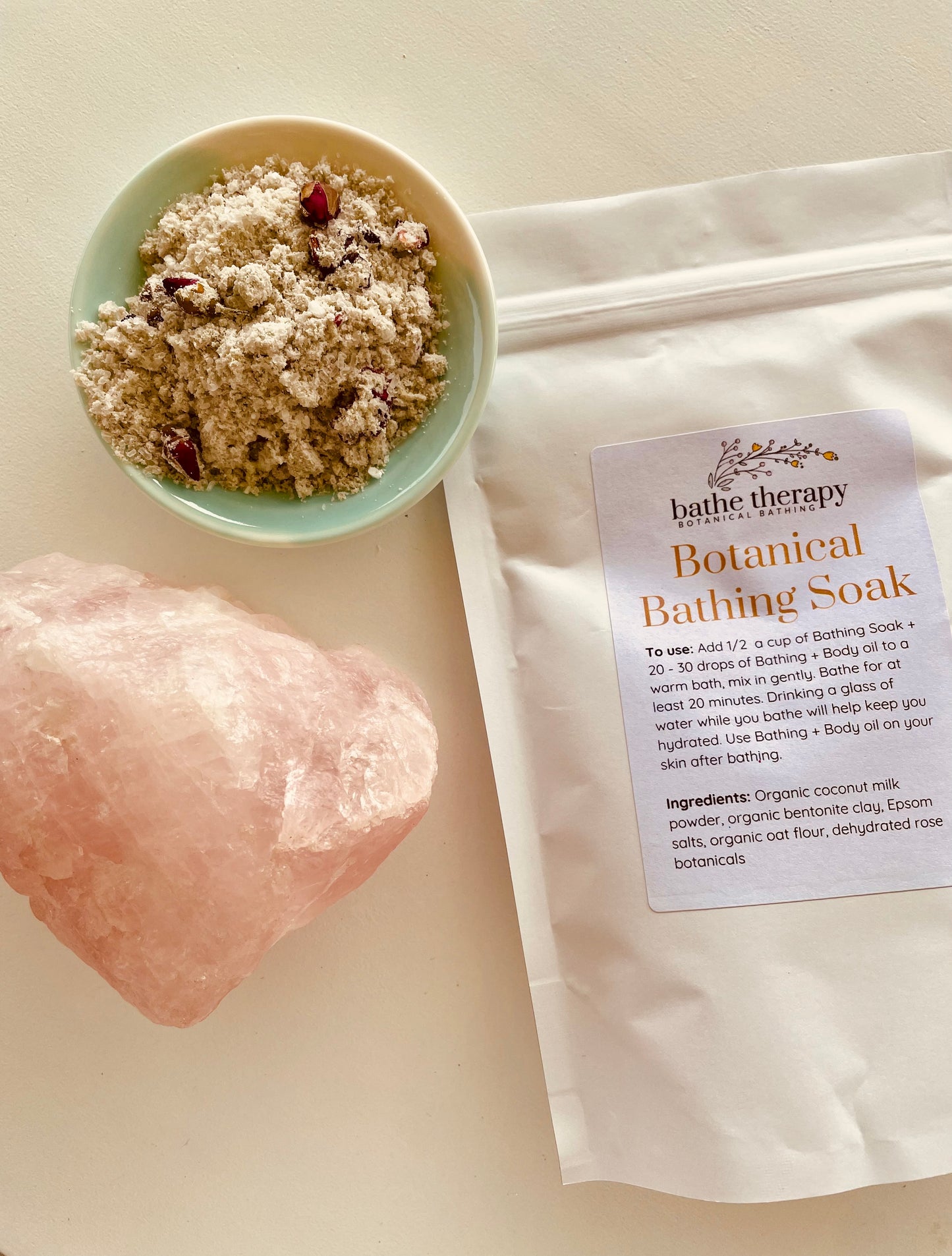 Organic Bath Soak with rose buds and petals, coconut milk, epsom salts bentonite clay oat flour
