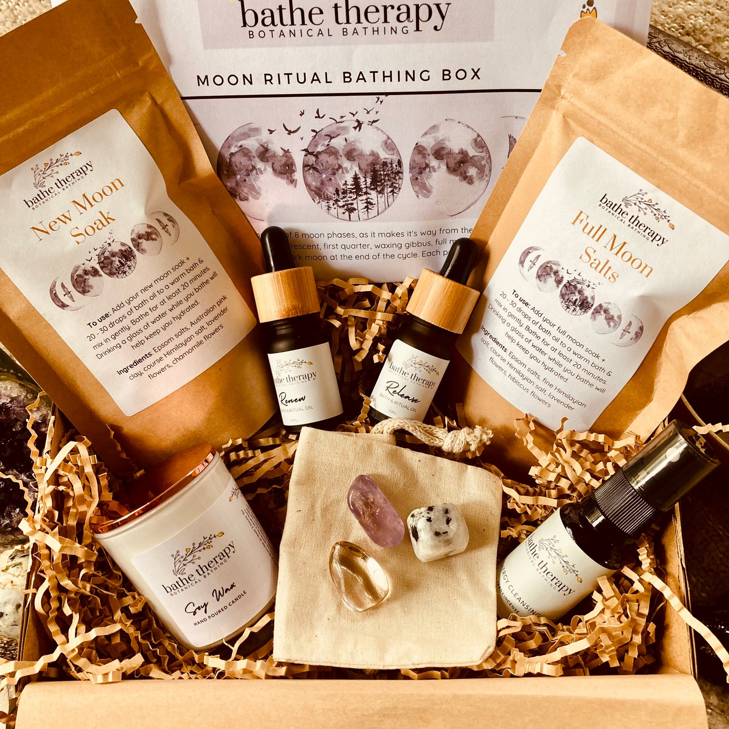 New Moon & Full Moon Bath Ritual Box with ritual sheet, and crystals to manifest New Moon Intentions