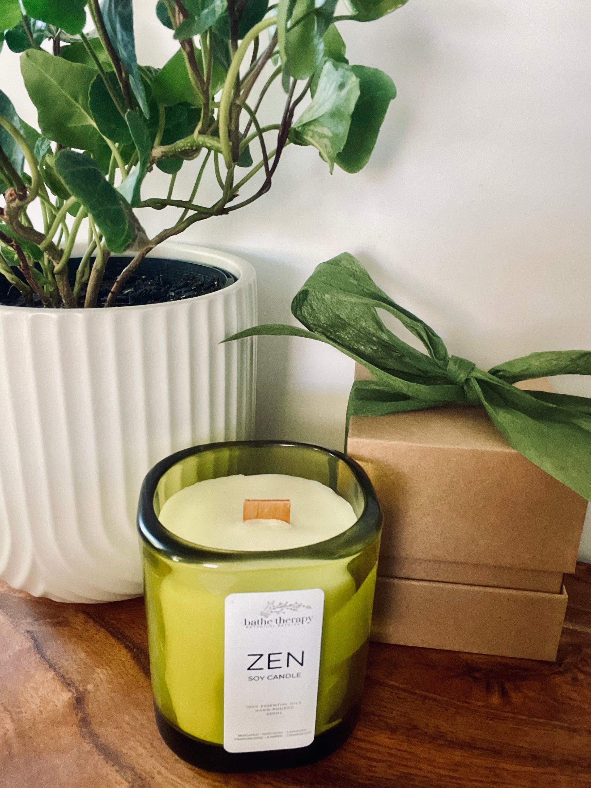 Essential Oil Candle - Aromatherapy Soy Candle Green glass wood wick candle with kraft box and ribbon by Bathe Therapy