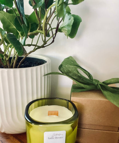 Essential Oil Candle - Aromatherapy Soy Candle Green glass wood wick candle with kraft box and ribbon by Bathe Therapy