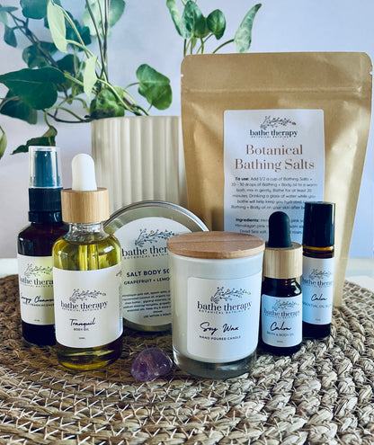 Luxury Wellness Gift Set bath salts, body oil, body scrub, room mist, bath oil, pule point roller 