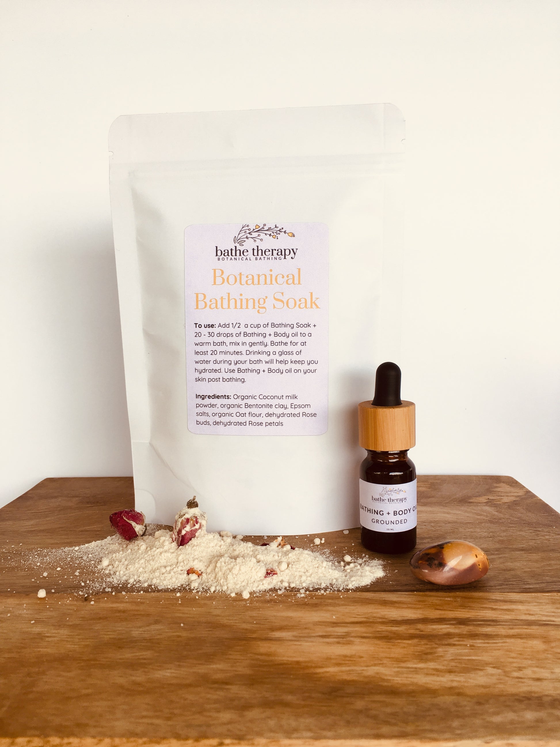 Vegan Organic bath soak with rose petals and aromatherapy bath oil 