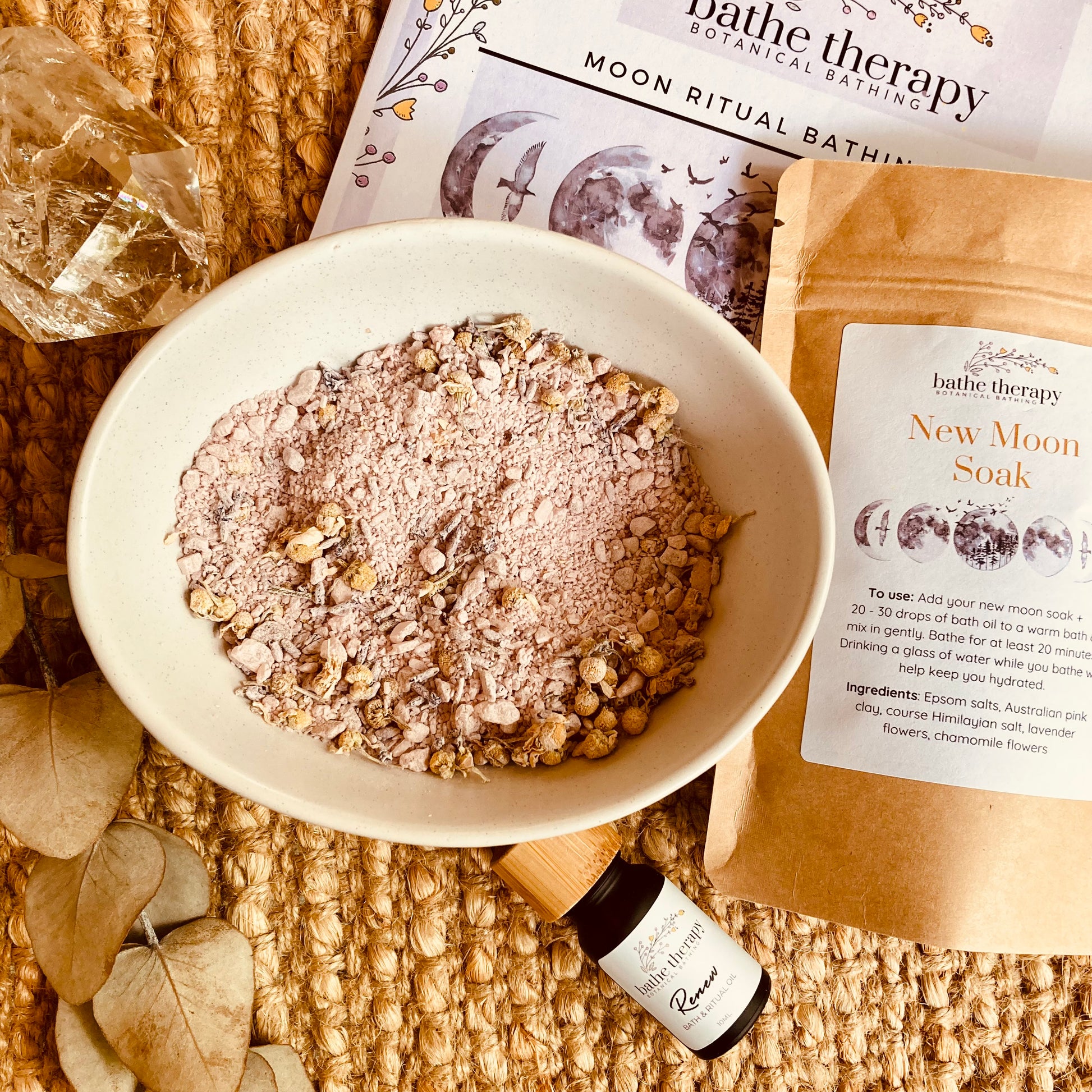 New moon bath soak with pink clay organic chamomile & lavender epsom salts Himalayan pink salt 
