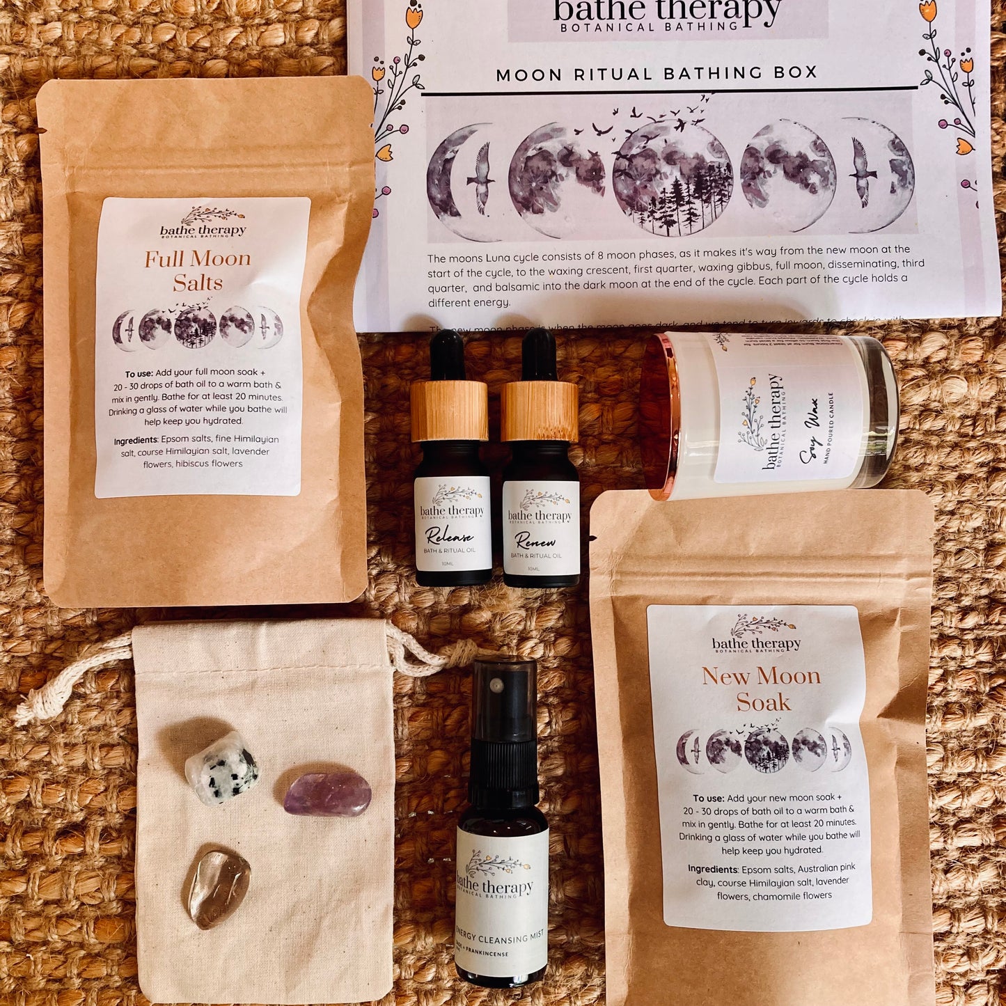 New Moon ritual kit with soy candle bath salts anointing oils and crystals