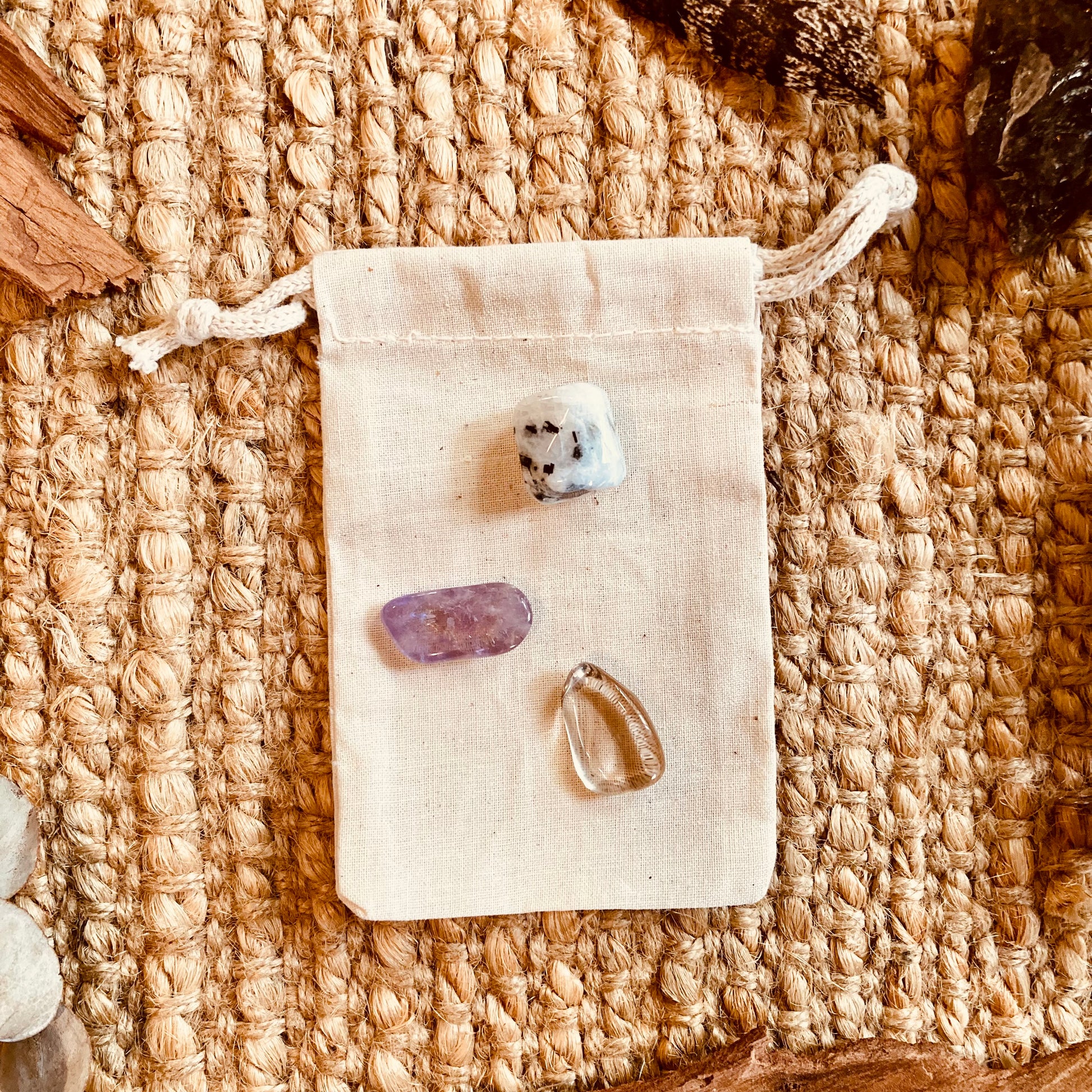 Moonstone, amethyst & smoky quartz crystals in cotton draw string bag for moon ritual 